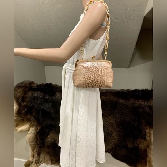 Handmade Genuine Leather Croc-Embossed Kisslock Clutch/Shoulder bag/Crossbody - Picture 2 of 16